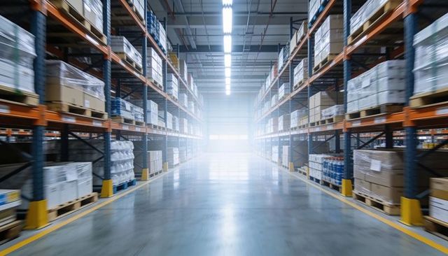 Modern warehouse aisle converging toward loading bay with pallet racking and led lighting