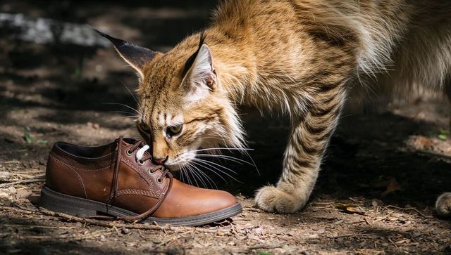 Curious long-haired tabby cat sniffing brown leather shoe on sunlit leaf-litter