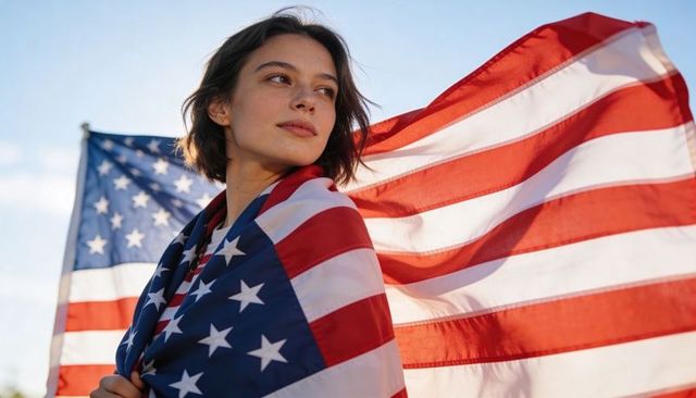 Young woman wrapping in american flag and gazing upward on windy patriotic outdoor scene