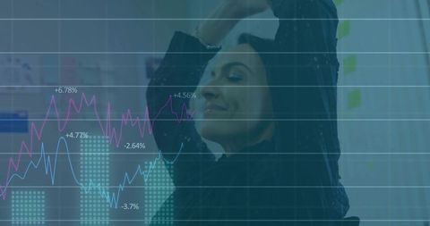 Businesswoman stretching during data analysis with financial charts and sticky notes overlay