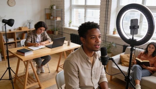 Content creator recording podcast in modern home studio with ring light and microphone
