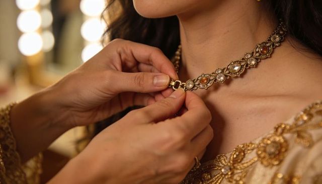 Hands fastening gold gemstone choker on bride wearing embroidered gown at vanity mirror