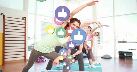 Group fitness stretching class with social media like icons overlay for wellness marketing