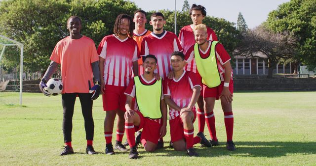 Image of diverse group of male football players. Male football team, inclusivity and fitness in team sports.
