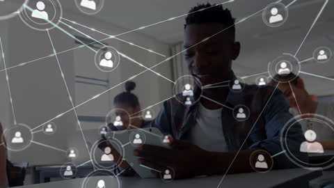 Student Using Tablet with Digital Network Overlay