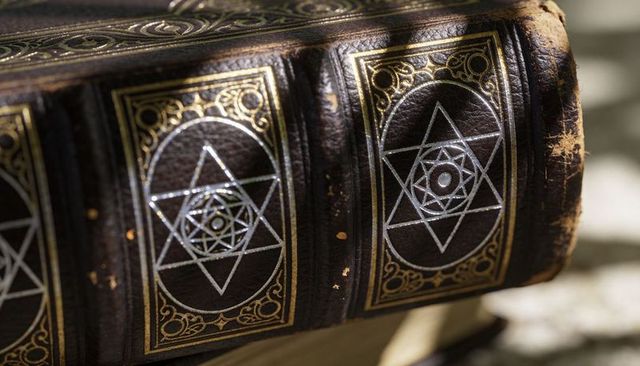 Worn leather-bound book spine featuring gilded panels and metallic hexagram emblems