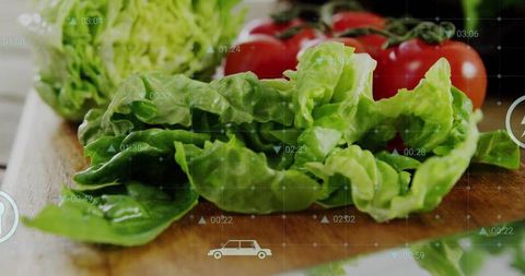 Fresh Lettuce and Tomatoes with Technology Interface in Modern Kitchen
