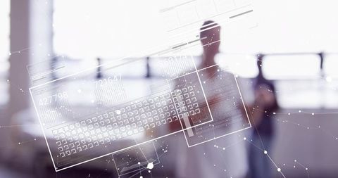 Businesswoman observing futuristic holographic data overlay in bright open office