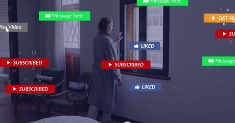 Contemplative Mature Woman Surrounded by Digital Notifications in Cozy Bedroom