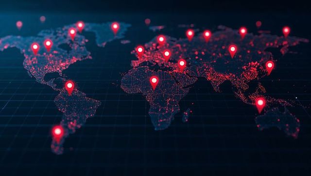 Connecting global network showing neon location pins on holographic point-cloud world map