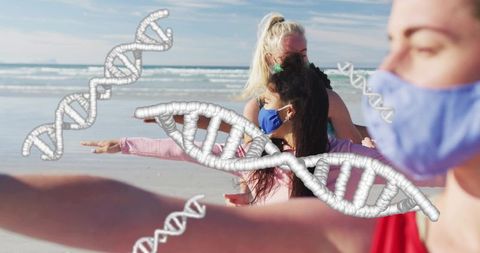 Women wearing face masks stretching on seaside with DNA helix overlay for wellness