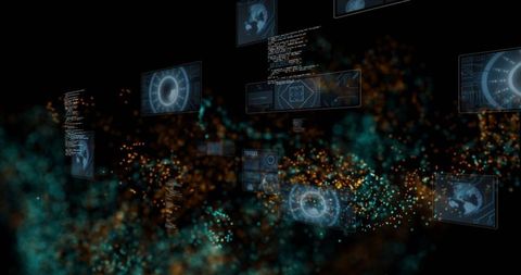 Futuristic holographic interface with circles and data snippets
