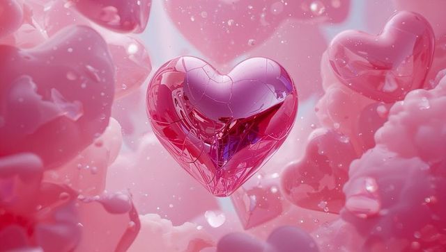 Floating Shiny Metallic Heart Amidst Dreamy Pink Clouds and Softness