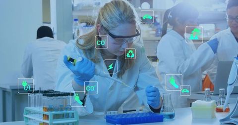 Laboratory Researcher Pipetting at Bench with Sustainability Icons Featuring Green Biotech