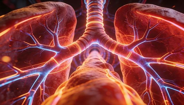 Showing glowing 3d trachea and paired lungs with branching bronchi and neon vasculature