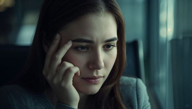 Young woman holding temple while gazing out window in teal-toned contemplative portrait