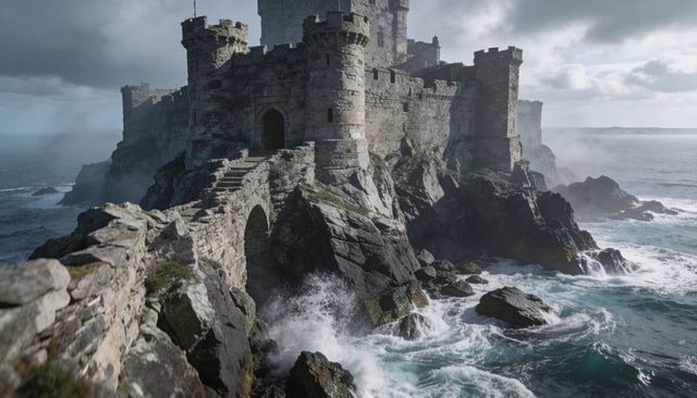 Medieval coastal fortress on rocky promontory with arched bridge and crashing waves