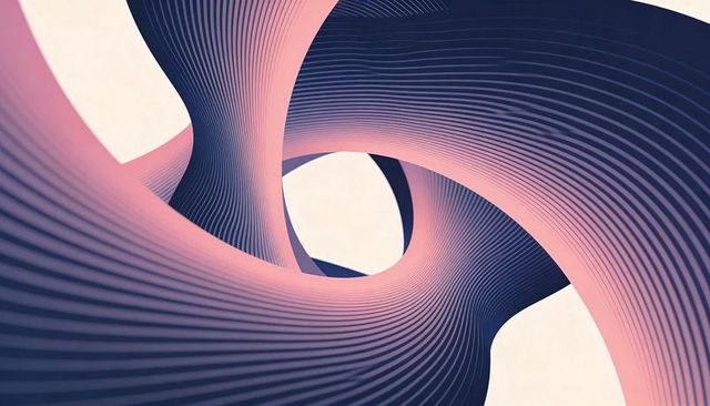 Flowing duotone ribbon loops featuring grooved bands and cream voids in mobius curves