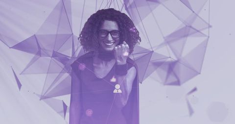 Joyful Woman Celebrating Success in Futuristic Digital Environment