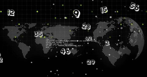 Futuristic Global Data Dashboard with 3D Dot-Map Globe, Numeric Markers and Network Nodes