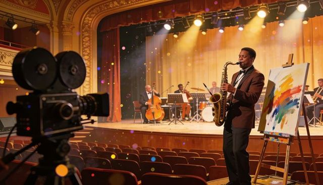Tenor saxophonist performing with jazz ensemble and live painting in grand theater