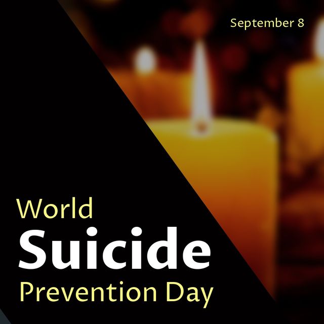 Composite of burning candles and september 8 with world suicide prevention day text, copy space. Fire, flame, black, mental health, depression, support, protection, healthcare and awareness concept.