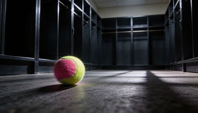 Neon tennis ball resting on locker room floor with dramatic light and empty lockers