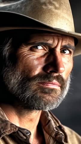 Senior Cowboy Pivoting Head Toward Camera Responding to Cue in Studio, Rustic Hat Contemplative Gaze