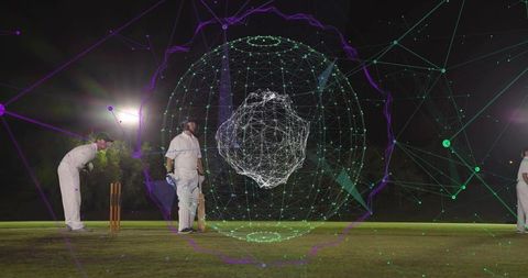 Cricket batter standing at crease wearing helmet and pads with ar data sphere overlaying