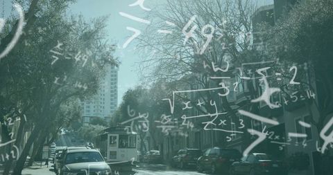 Historic Cable Car with Mathematics Overlay on City Street