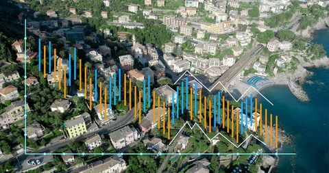 Cityscape with Overlaid Data Visualizations and Graphs