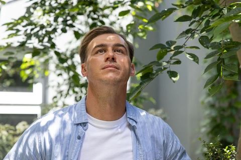 Contemplative man looking upward among atrium foliage in soft dappled sunlight