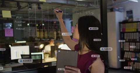Woman writing analytics grid on glass board while holding tablet in modern team office