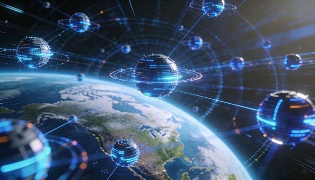 Orbiting earth with glowing digital spheres and holographic data rings for global network