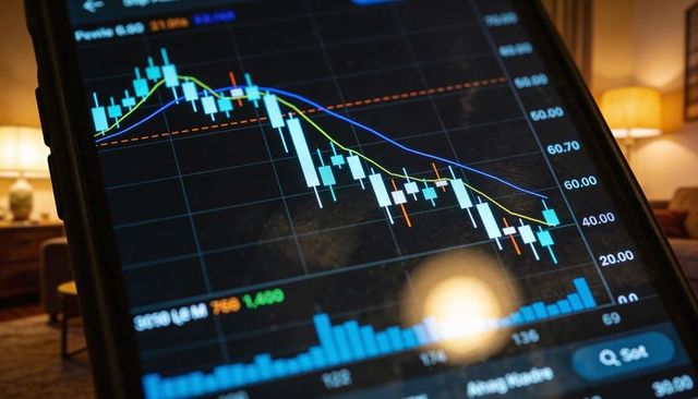 Touchscreen displaying falling candlestick stock chart with moving averages and blue volume bars