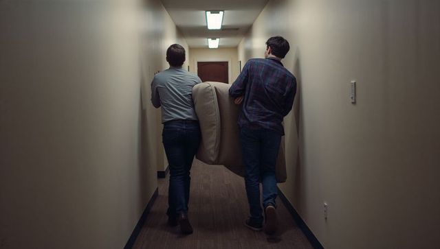 Two men carrying sofa down narrow hallway, teamwork during moving day, interior corridor