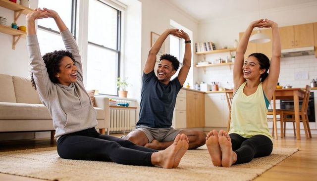 Three friends stretching together on rug in bright home kitchen living room