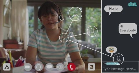 Girl on Virtual Meeting with Headset at Home Desk, Concentrated