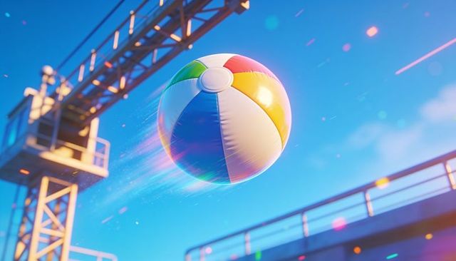 Vibrant beach ball floating over harbor rooftop with crane, motion blur and lens flare