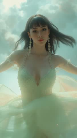 Twirling Model in Ethereal Gown with Breezy Motion and Flowing Skirt Vertical Fashion Video