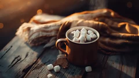 Cozy Hot Chocolate Mug with Marshmallows on Rustic Wooden Table During Sunset