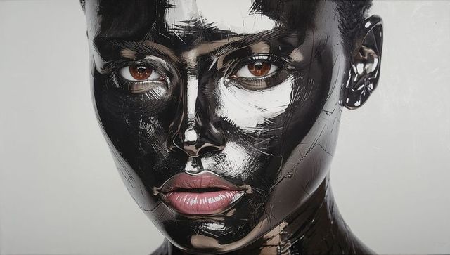 Model wearing glossy black paint and palette-knife texture showing intense brown gaze