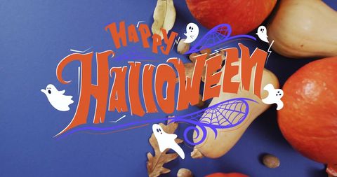 Halloween Text on Autumn Leaves and Pumpkins