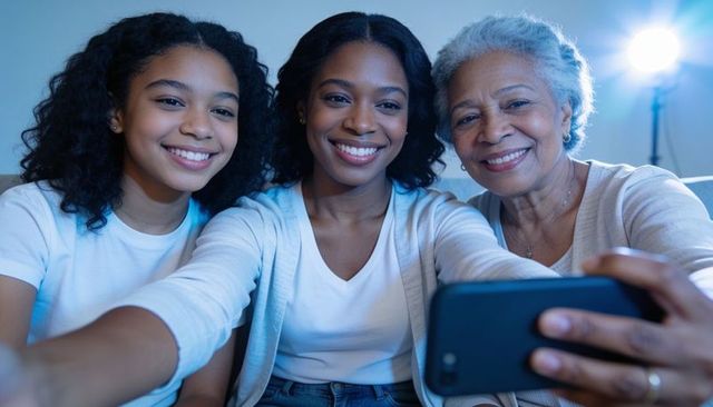 Three-generation black women taking cozy selfie on couch, multigenerational family moment