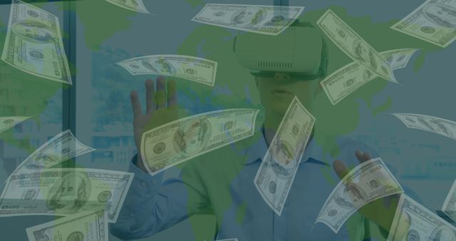 Composition of american dollar bills over caucasian man wearing vr headset. Global virtual reality, business, connections, digital interface and data processing concept digitally generated image.