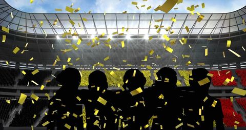 Silhouetted Fans Celebrating with Confetti in Sports Stadium