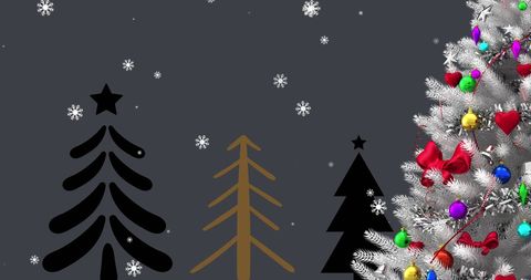 Festive Snowfall with Decorated Christmas Trees and Ornaments