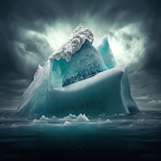 Composition of iceberg on sea over stormy clouds in sky, created using generative ai technology. Nature and icebergs concept digitally generated image.