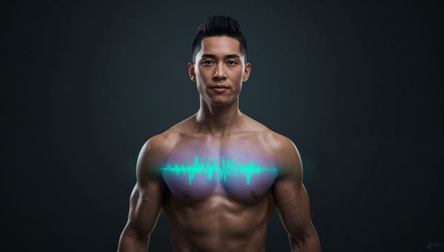 Projecting holographic ecg across athletic torso, neon teal heart rhythm, futuristic