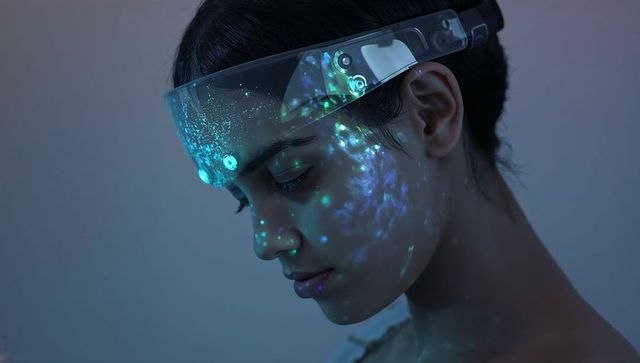 Young woman wearing futuristic visor viewing holographic facial projection and sensors